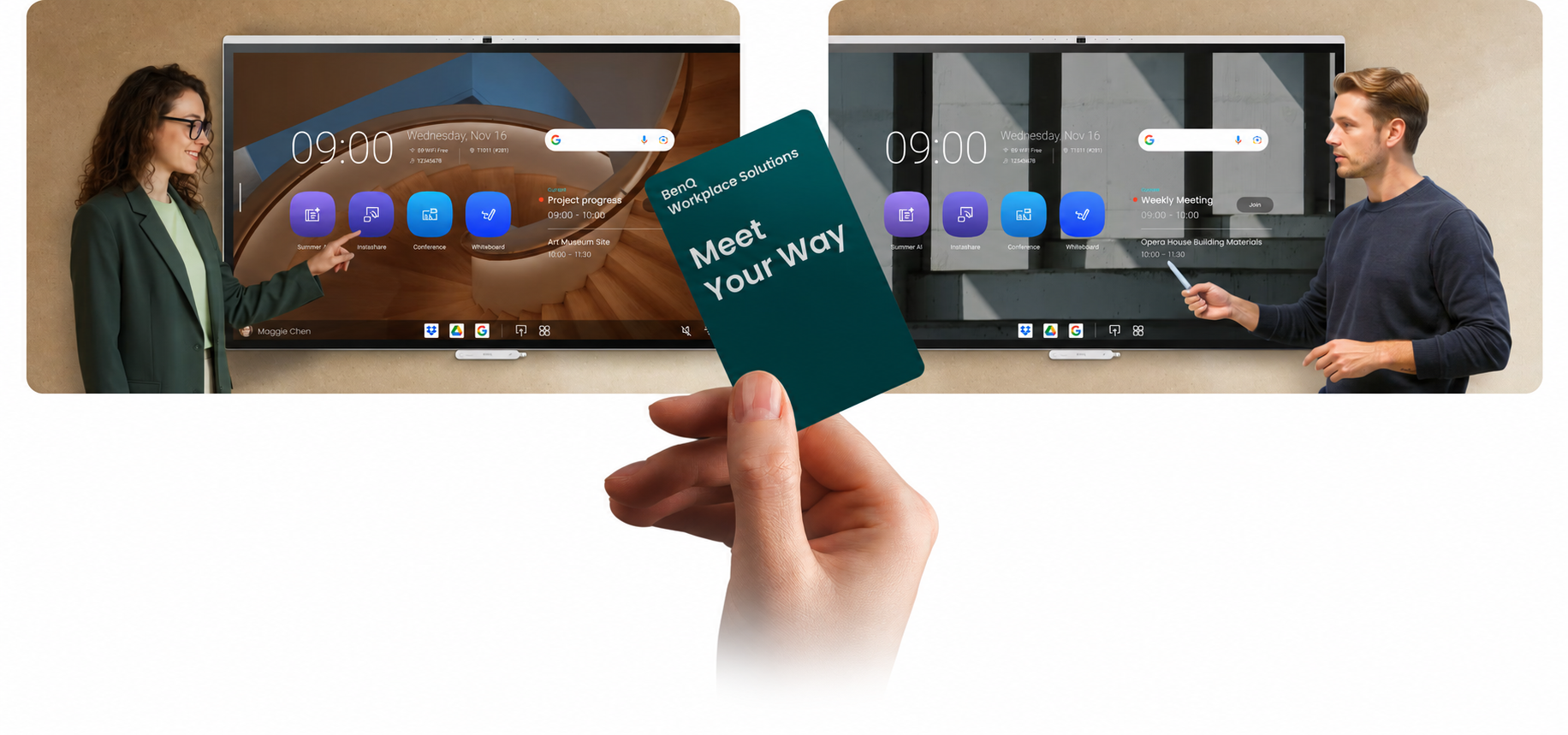 Secure multi-user login on a BenQ meeting display using an NFC card to access personalized workspaces and cloud storage.