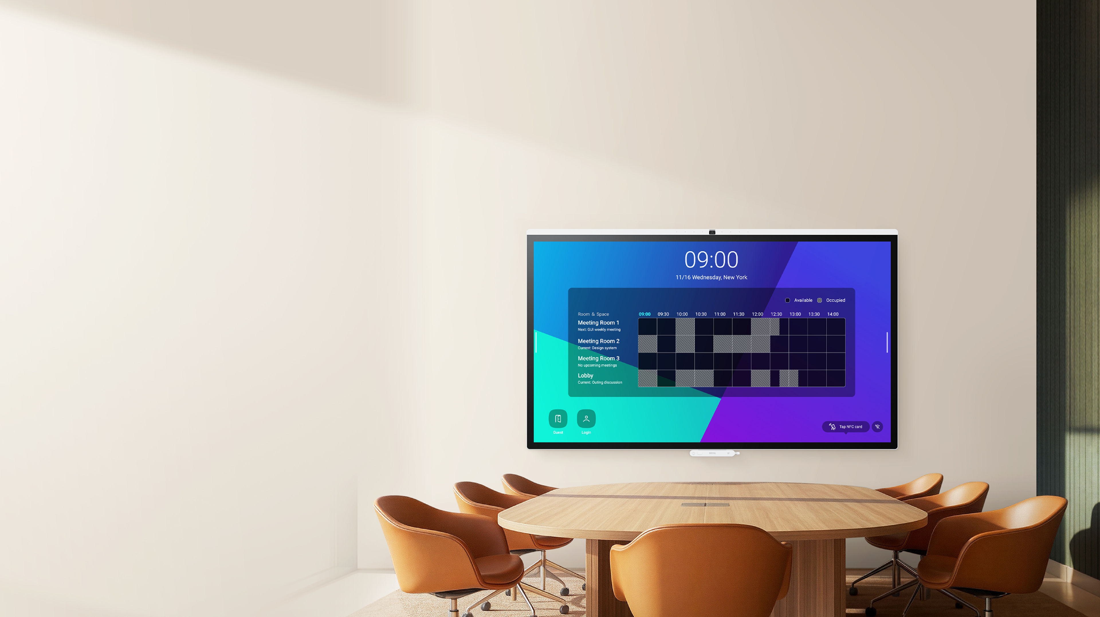 BenQ MeetingRoom System software demoed on a BenQ smart display in a meeting room