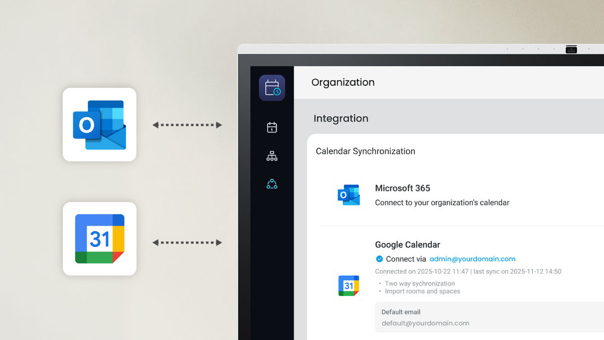 BenQ MeetingRoom System's calendar synchronization user interface demo, showing it's abitily to sync Microsoft 365 and Google Calendar