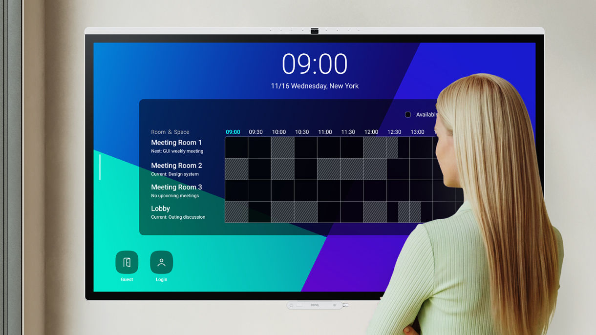 BenQ MeetingRoom System user interface demo as shown on a BenQ smart display launcher. An office worker is standing in front of a BenQ smart display, checking the schedule shown by BenQ MeetingRoom System to see if the meet room is availible to use.
