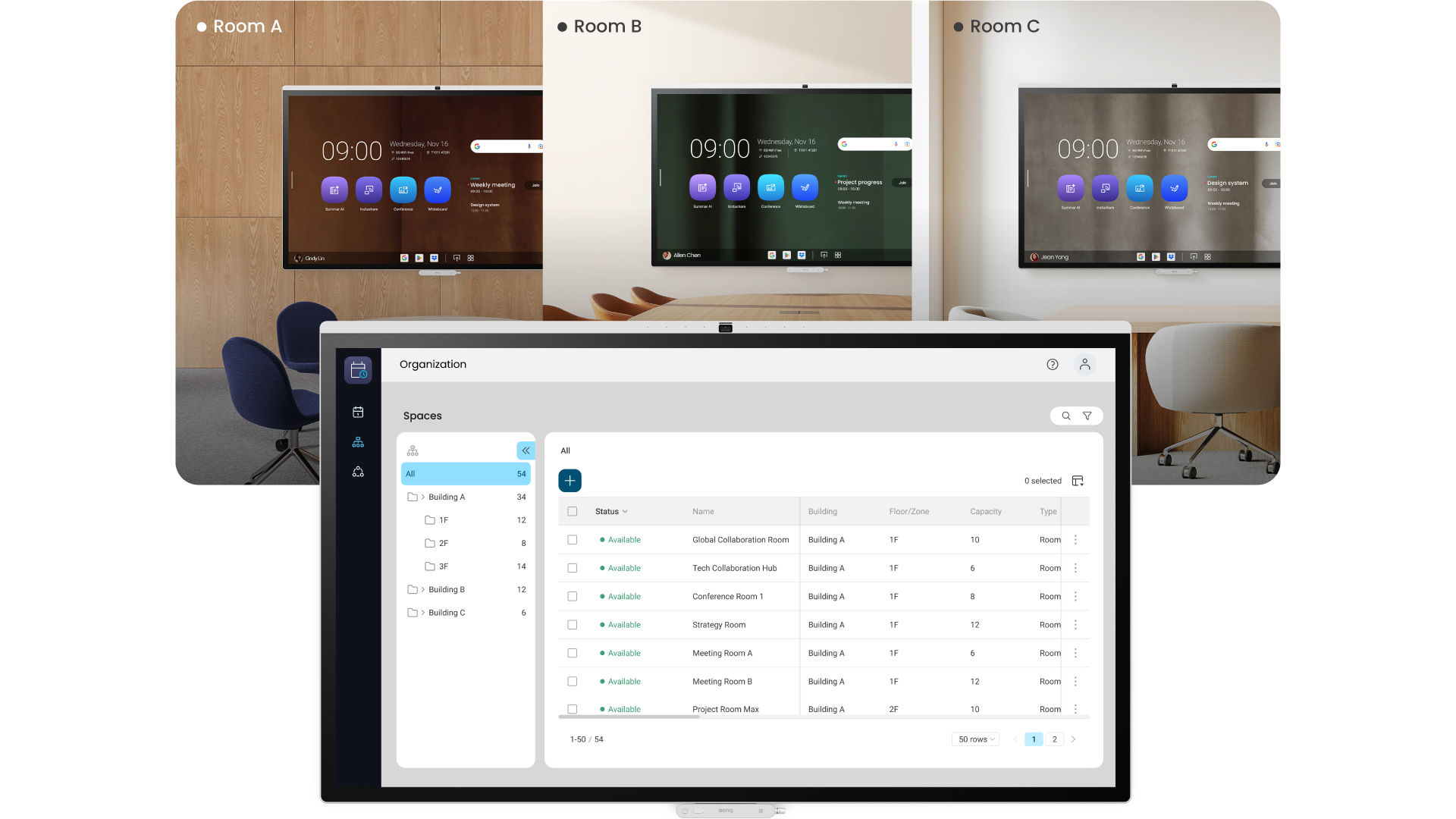 BenQ MeetingRoom System's space organization user interface demo, showing it's abitily to manage different spaces, and assign them to floor and space. 