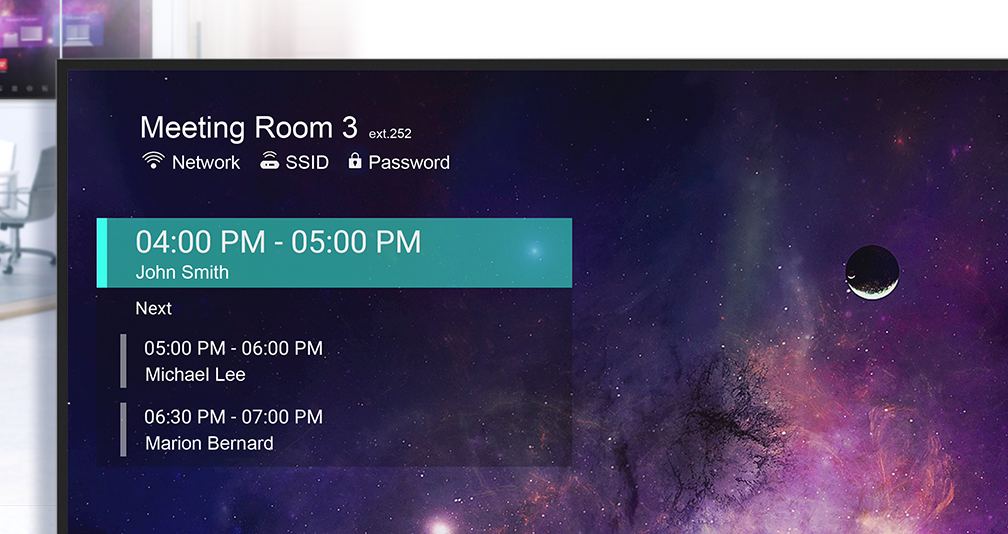 Papan interaktif IFP Duoboard BenQ dengan Meeting Room 365 untuk mengelola jadwal pertemuan 