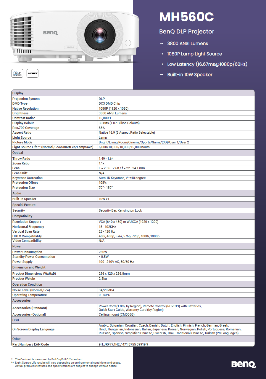 BenQ DLP LH600ST projector key features