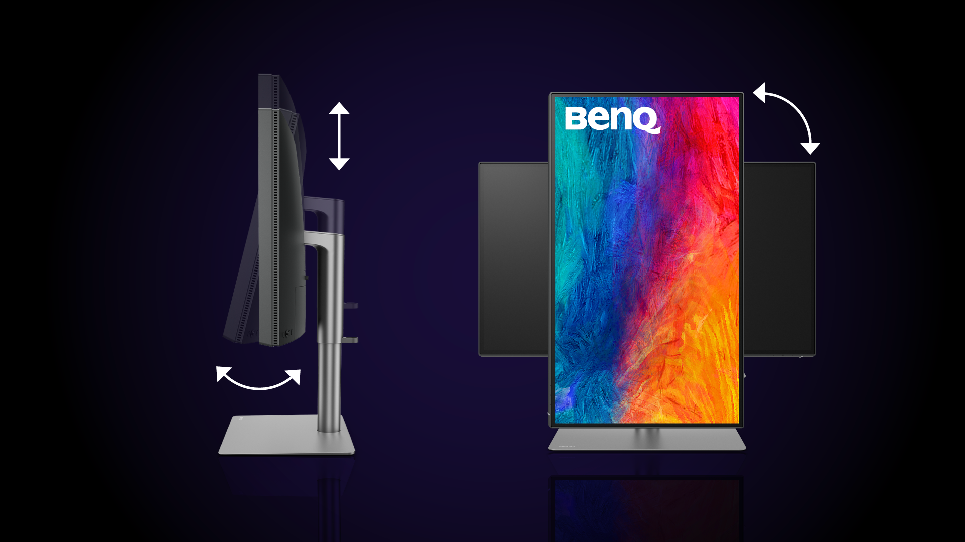 „Mac“ įrenginiams skirtuose „BenQ“ monitoriuose sumontuotas pažangus stovas, leidžiantis tiksliai nustatyti norimą monitoriaus vietą, be to, stovas puikiai atrodo ir dera „Mac“ aplinkoje. Naudodami pakreipimo, pasukimo, pasukimo ir aukščio reguliavimo funkcijas nustatykite idealią monitoriaus padėtį, kad žiūrėti į jį būtų kuo patogiausia. Nesvarbu, kokią užduotį atliekate, tinkamas monitoriaus kampas ir padėtis padidina komfortą, skatina produktyvumą ir sumažina tokių nepatogumų kaip akių įtampa ar kaklo skausmas, tikimybę. 
