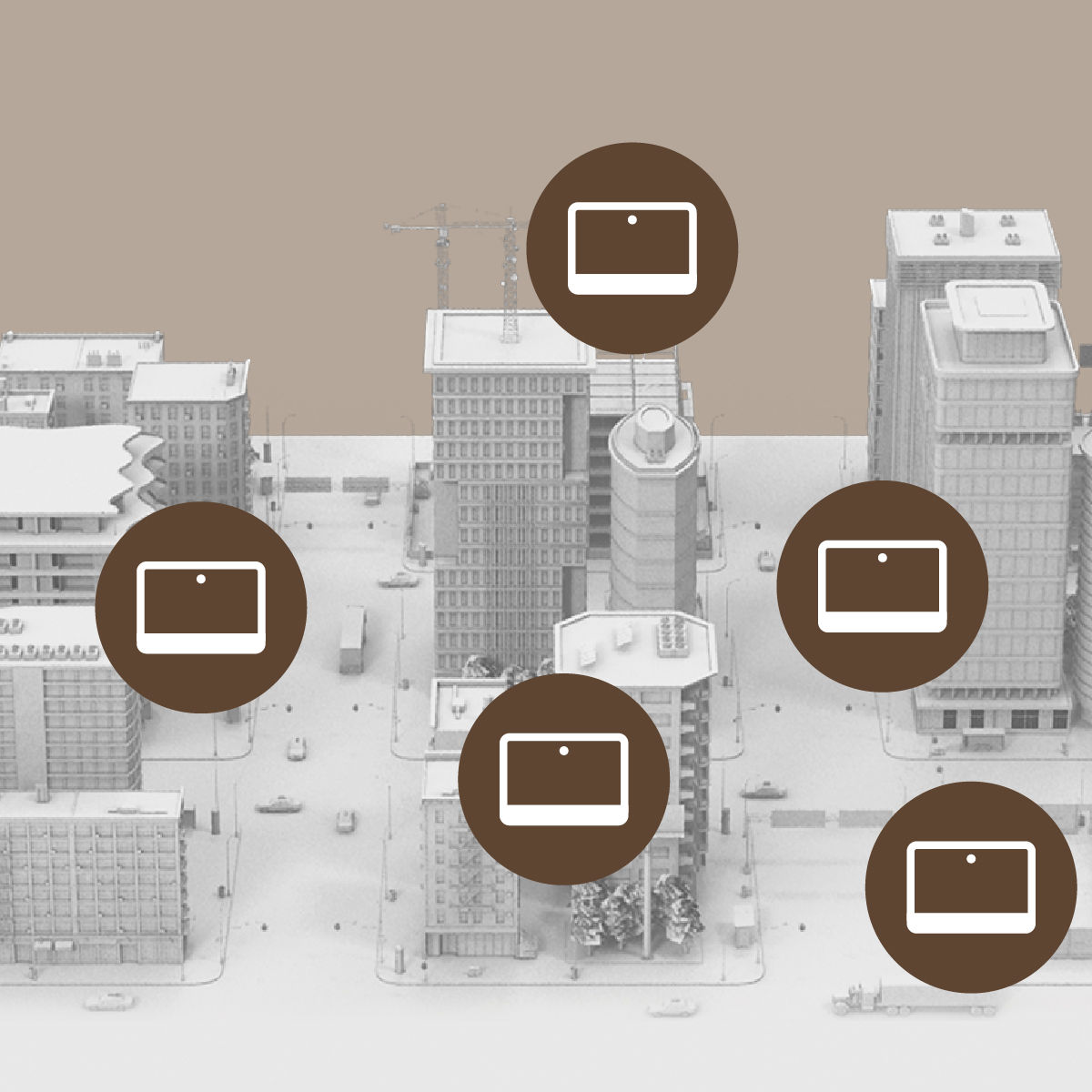 Map style view of multiple sites with device icons, representing managing many displays across different locations.