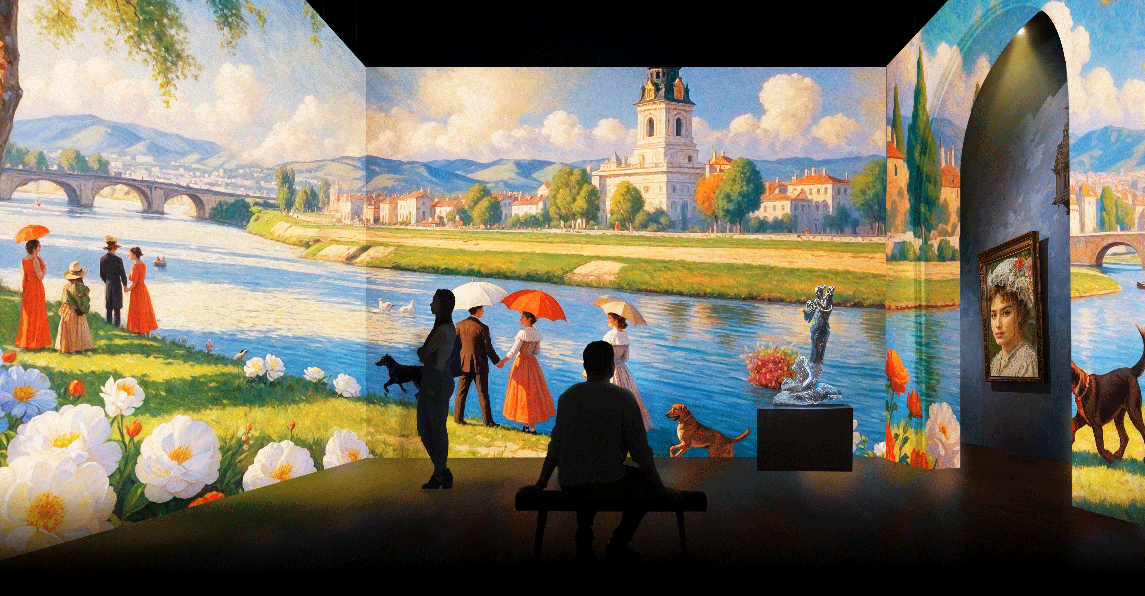 Museum exhibit with two individuals observing a large-scale, high-fidelity projection of a vibrant park painting, demonstrating BR9708 exceptional color accuracy and deep black levels.