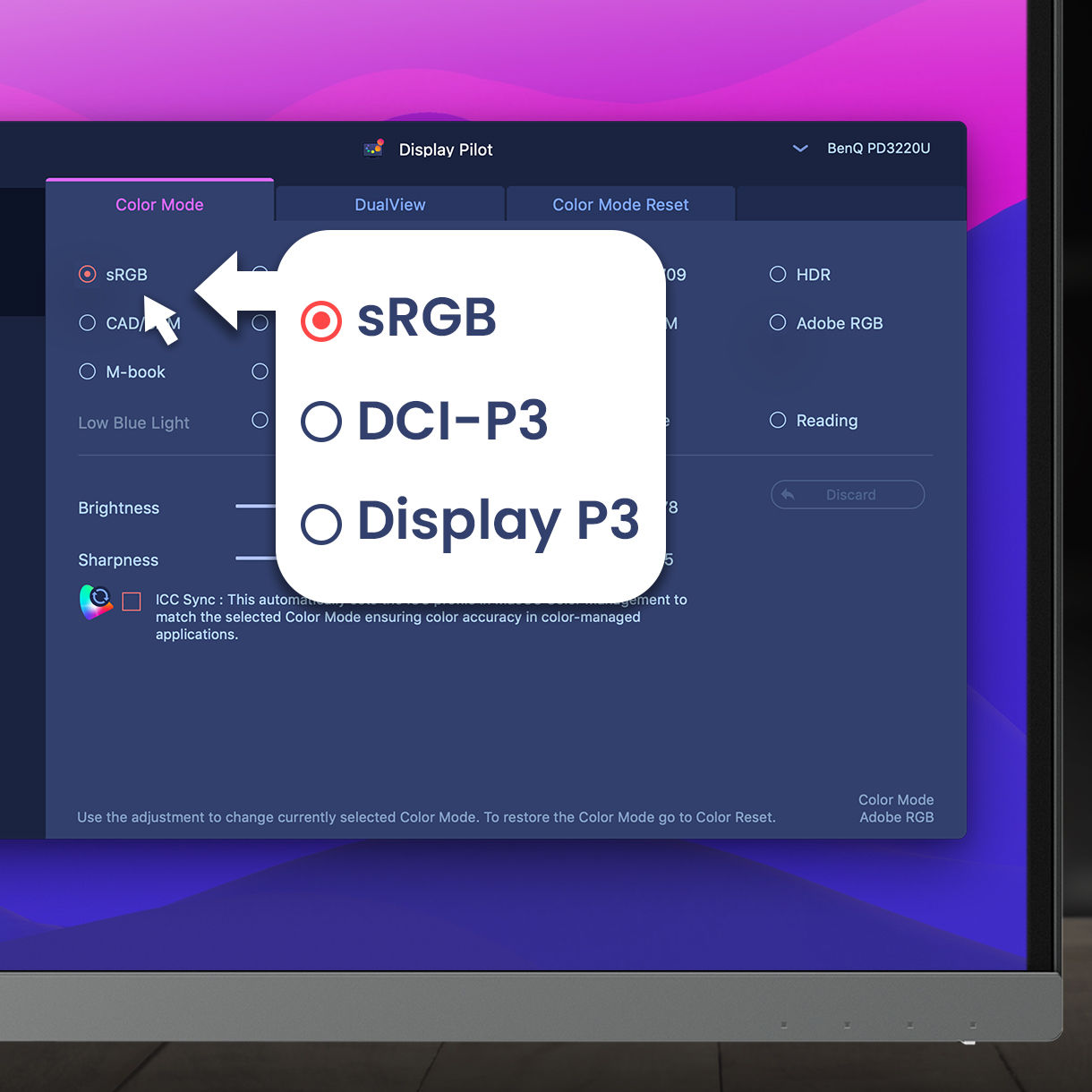 נווטו בין מצבי צבע באמצעות קיצורי דרך של BenQ Display Pilot