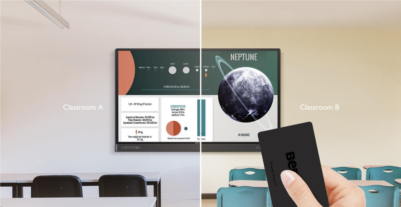 Teacher using an NFC card to log in to a BenQ RP Series interactive display via Tap 'N Teach technology