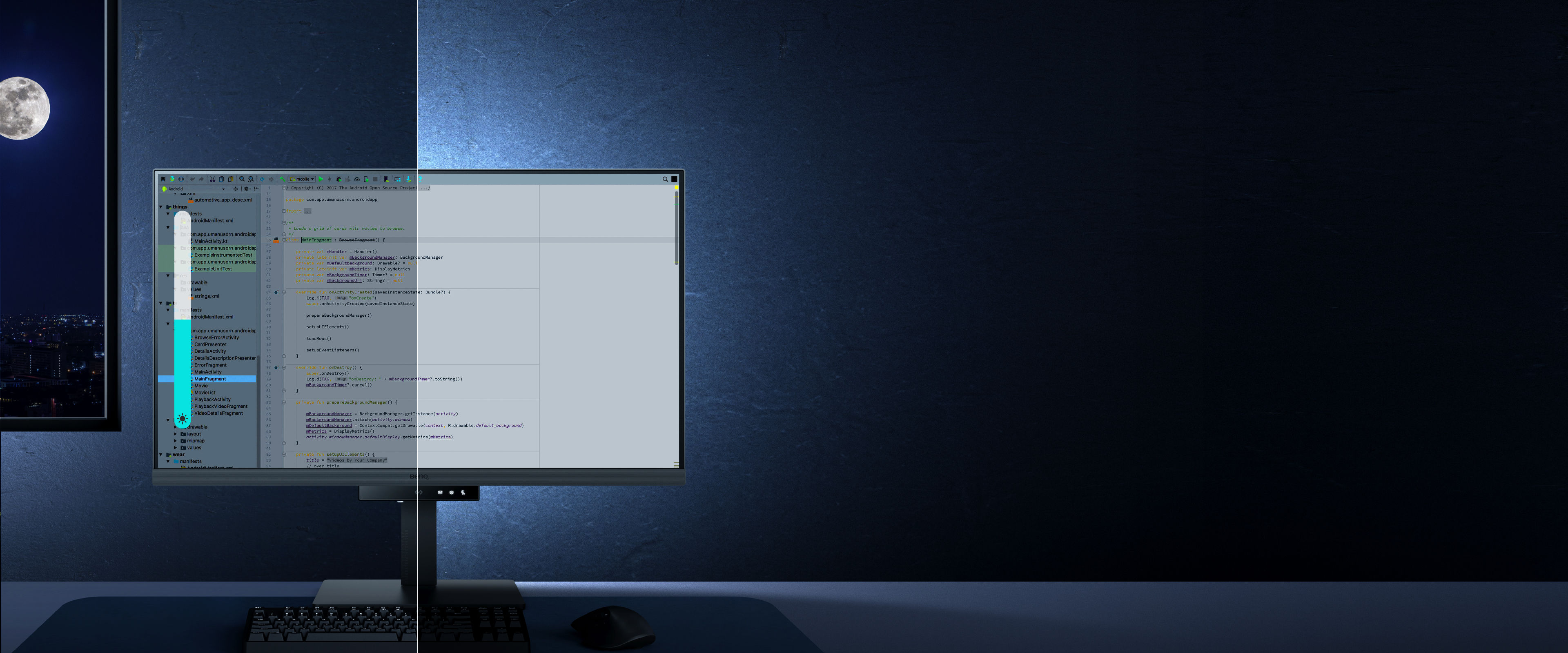 Night Hours Protection and MoonHalo keep your concentration sharp during long coding sessions in different lighting environments.