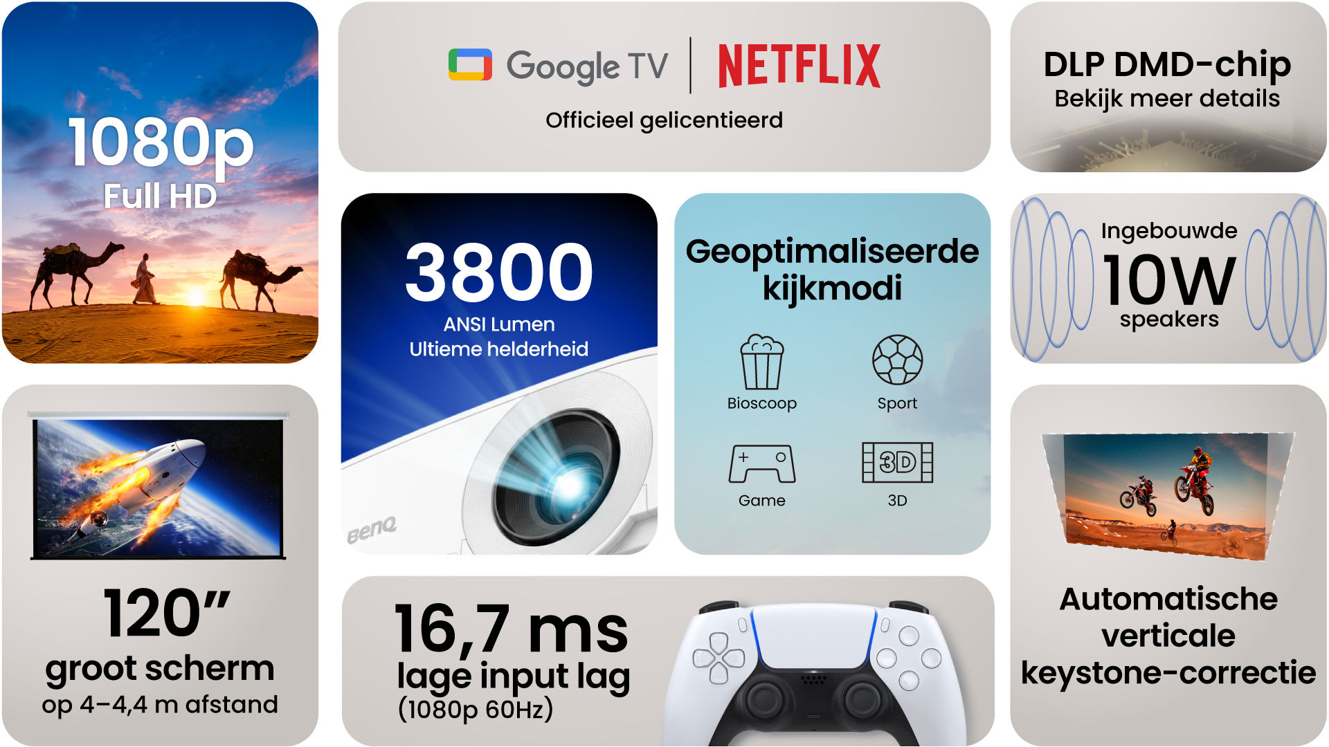 A feature highlight grid for BenQ TH575i showing Google TV and Netflix licensing, 3800 ANSI Lumens, 16.7ms low input lag for gaming, 1080p FHD resolution, and 120-inch big screen capability.