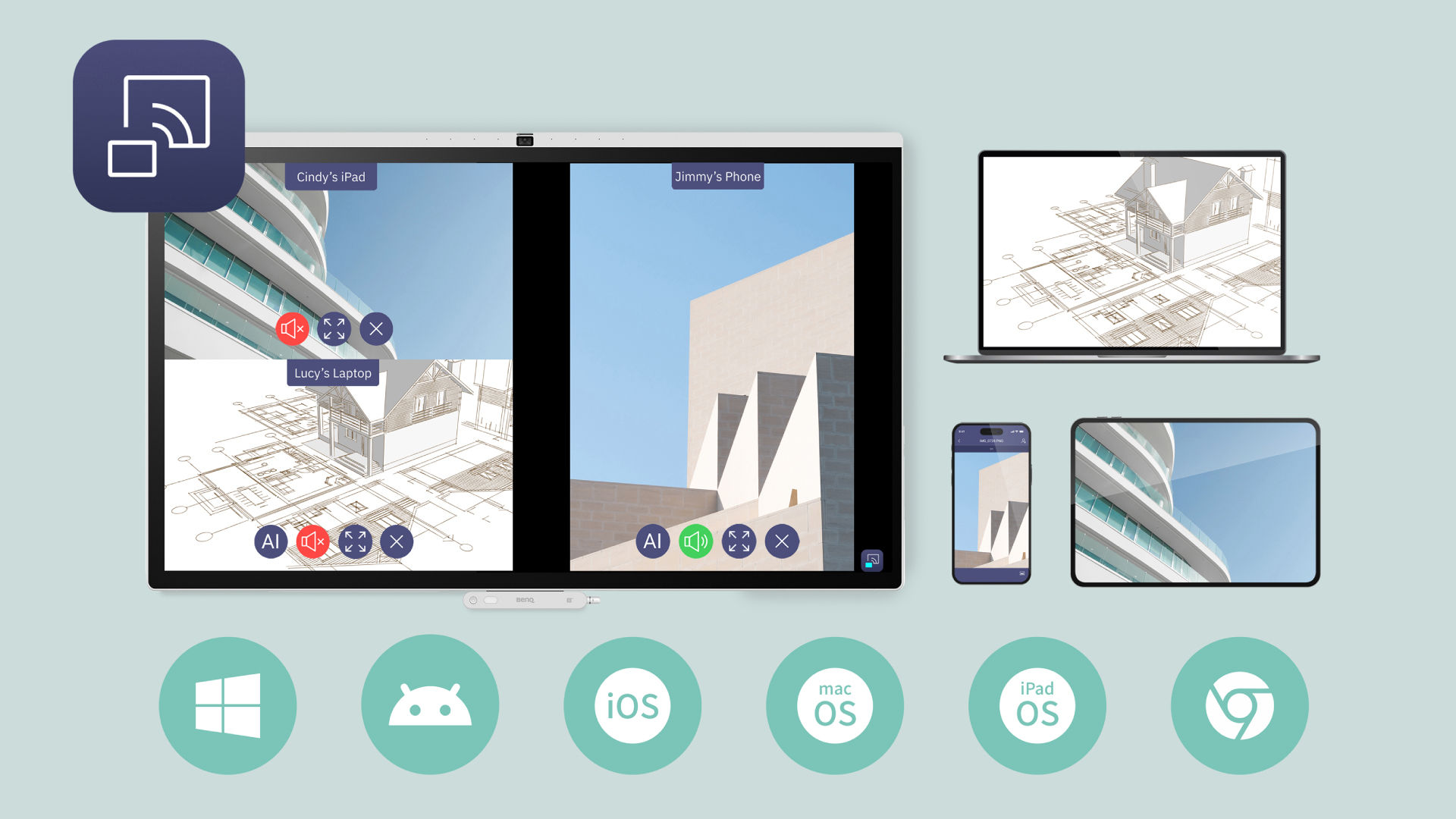 A BenQ smart display featuring built-in support for AirPlay, Google Cast, and Miracast, allowing native screen sharing from Windows, Android, iOS, and macOS devices without additional app installs.