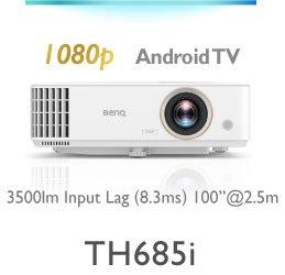 BenQ home projector powered by Android TV  TH685i with 3500lm brightness, HDR, 8.3ms low input lag that brings immersive sports watching and gaming experience home.
