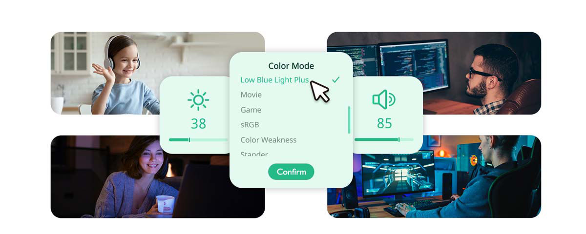easily access brightness intelligence and brightness intelligence plus and adjust color modes and brightness at any time through an easy to navigate menu by eye-careu