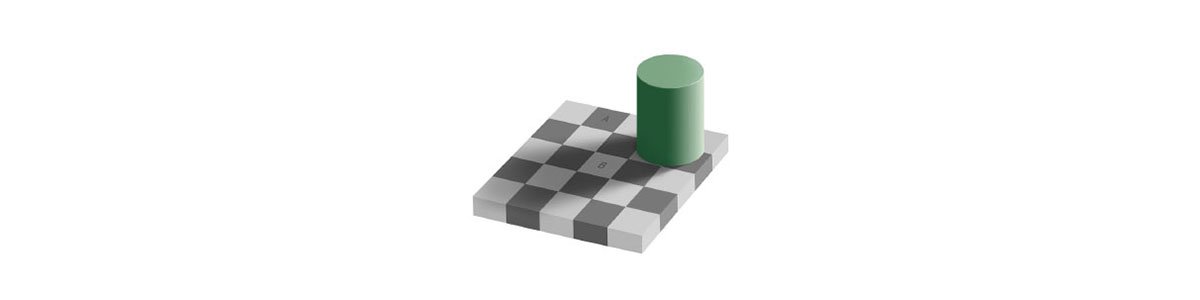 Optische illusie: de grijze kleurvlakken A en B zijn even helder.