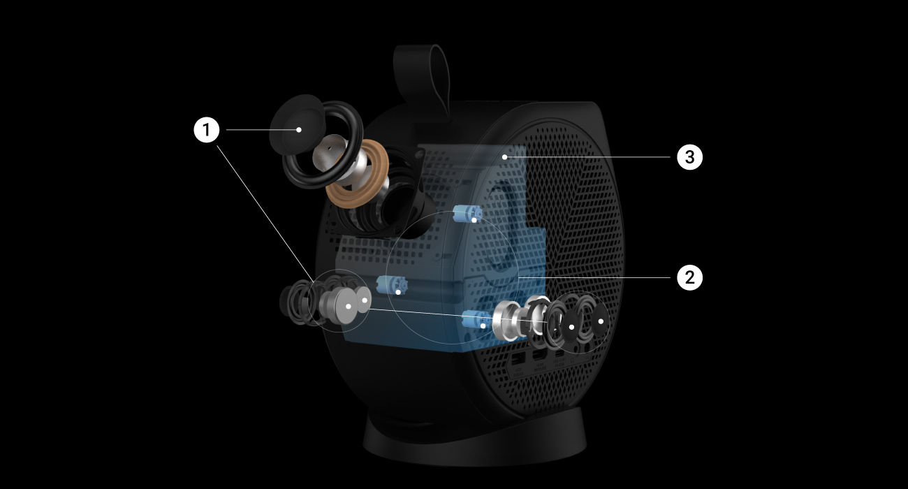 Przenośny projektor BenQ z dedykowanym subwooferem i wysokim stosunkiem obudowy wewnętrznej zapewniającym stabilne wsparcie struktury wewnętrznej