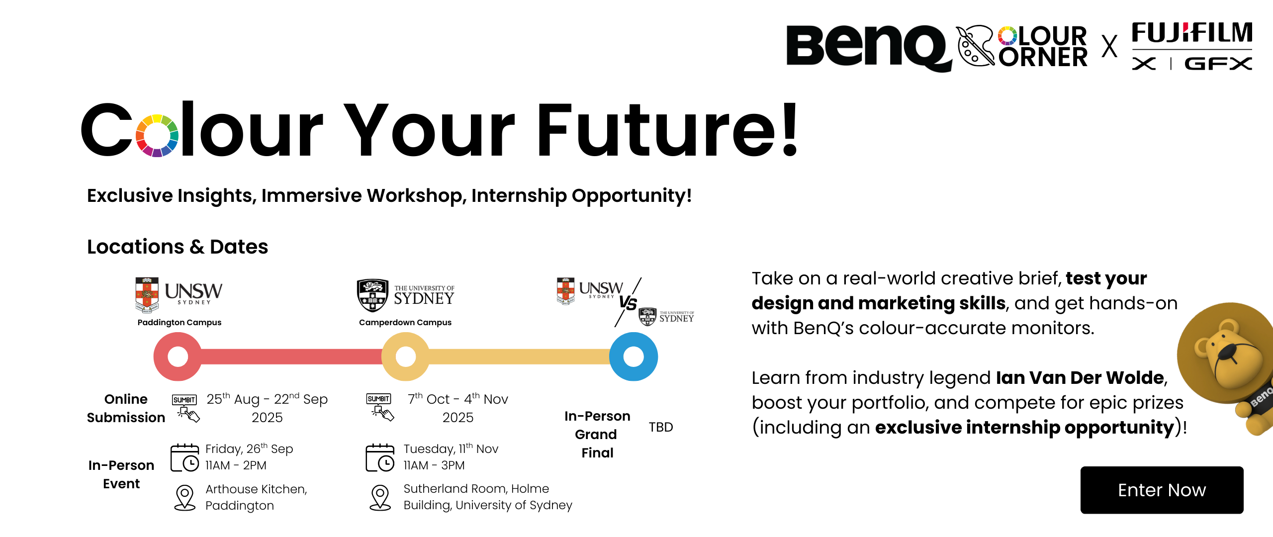 Banner showing information about a BenQ Monitor Competition with Fujifilm and Universities.