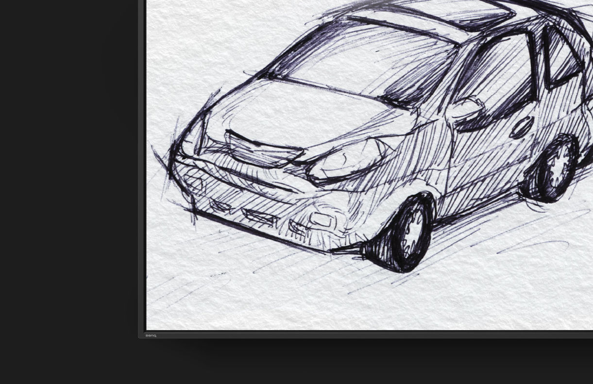A grayscale car sketch with realistic pencil textures on a BenQ digital signage display using Sketch mode to simulate a paper-like experience for creative tasks.