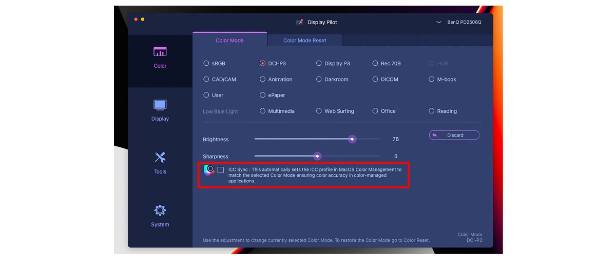 3. If you’re using one of our award-winning DesignVue monitors and our Display Pilot software, make sure to uncheck ICC Sync as shown in the image below so that the color profile of your Mac device is unpaired from the monitor and allows changes.