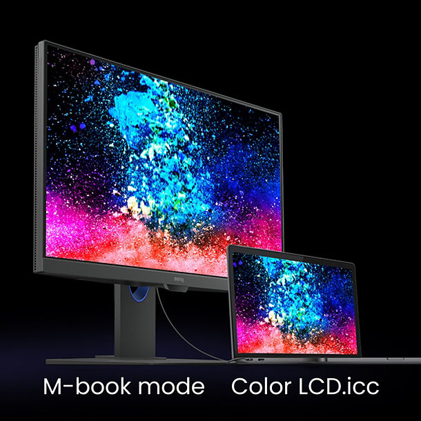 BenQ PD models ship from the factory with default color settings that perfectly match Mac® and MacBook® Pro laptop colors and BenQ exclusive M-Book mode on the PD3220U provides active color syncing between Macs and the monitor while you work.