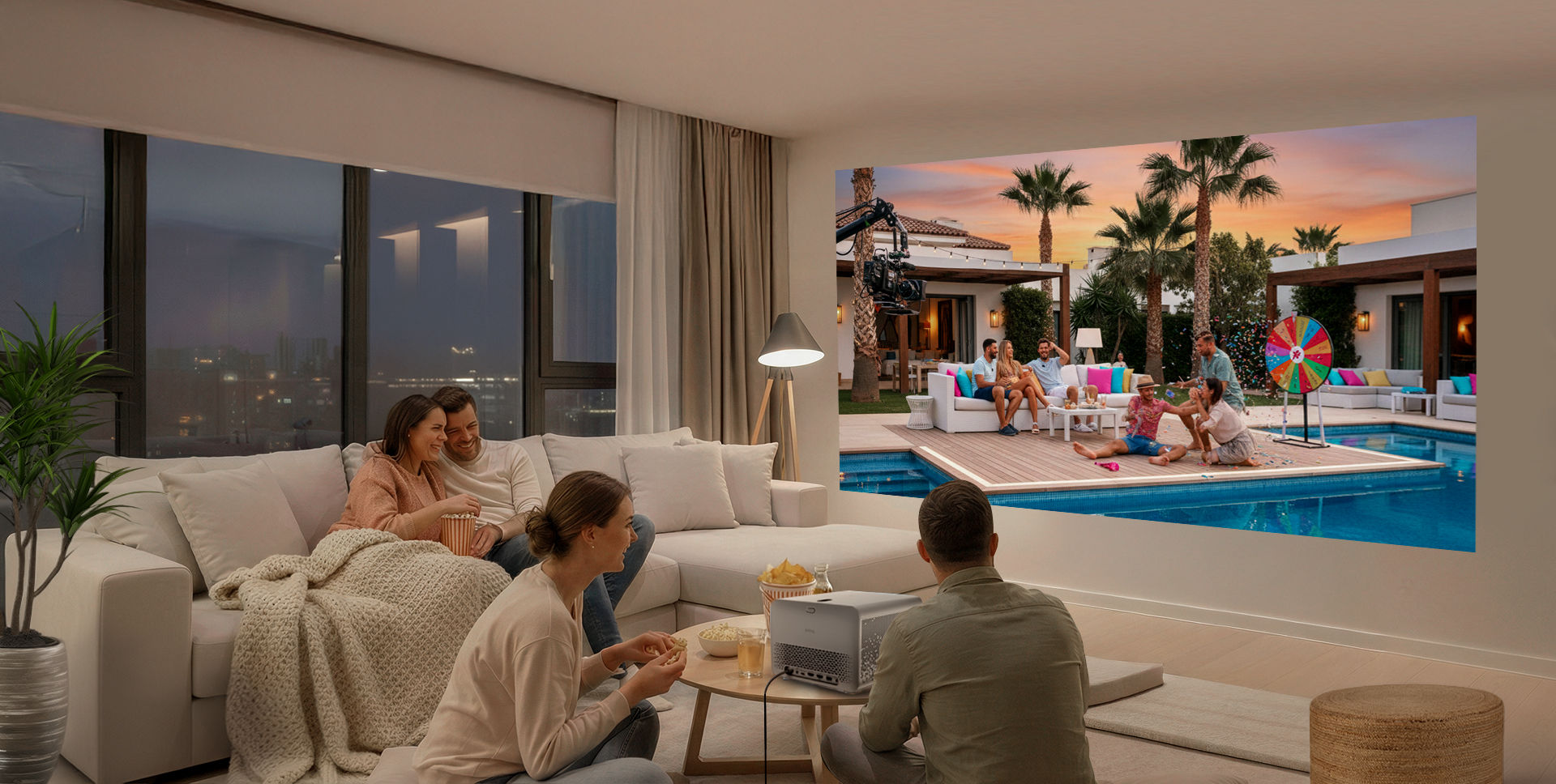 Friends enjoying a 150-inch 4K movie with a BenQ Home Entertainment Projector in a cozy living room watch party setting