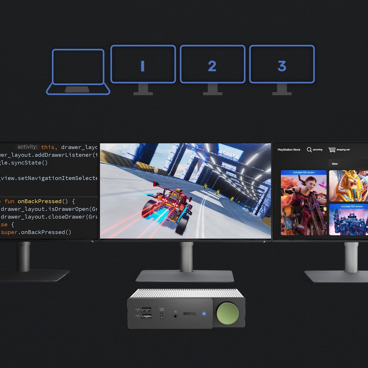 connect 3 monitors at 4K 60Hz and coding gaming streaming through benq dock dp1310 becreatus