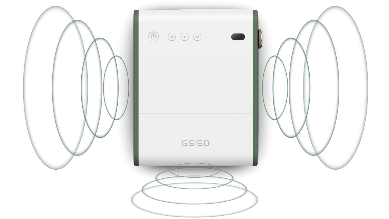 Internal view of GS50 projector 20W 2.1 channel speakers and dedicated subwoofer for booming bass.