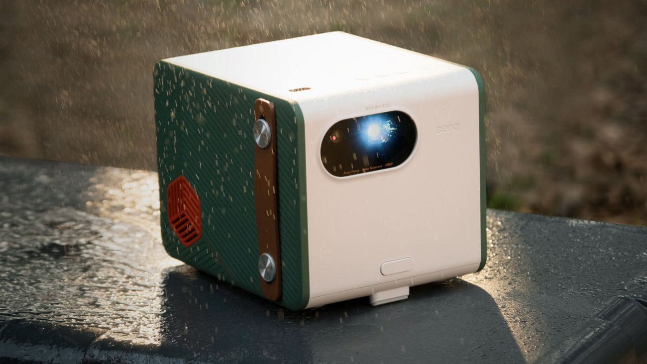 Close-up of GS50 projector showing IPX2 splash-resistant and drop-proof durable design for camping.