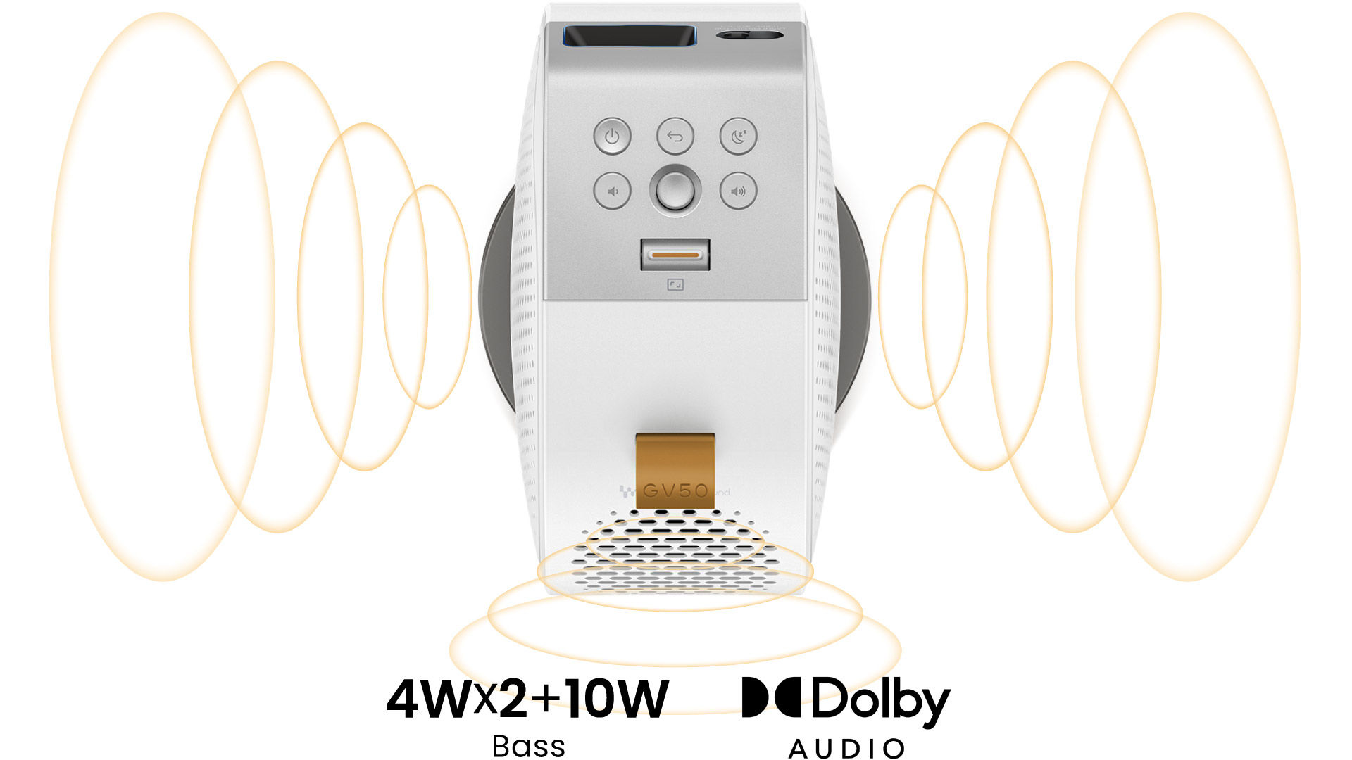 GV50: Tragbarer Projektor mit eingebautem 2.1-Kanal-Lautsprechersystem und Woofer für kraftvollen Basssound.