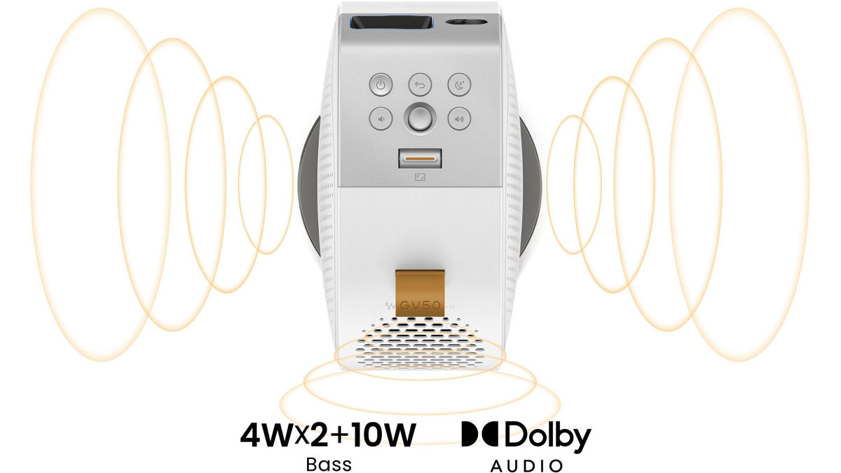 GV50 portable projector with built-in 2.1 channel speaker with woofer for powerful bass sound