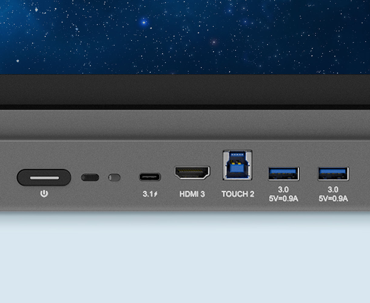 BenQ Přední vstupní a výstupní porty, včetně plnohodnotného portu USB typu C, umožňují rychlý přístup k nabíjení přes rozhraní USB a možnostem zpětného dotykového ovládání.