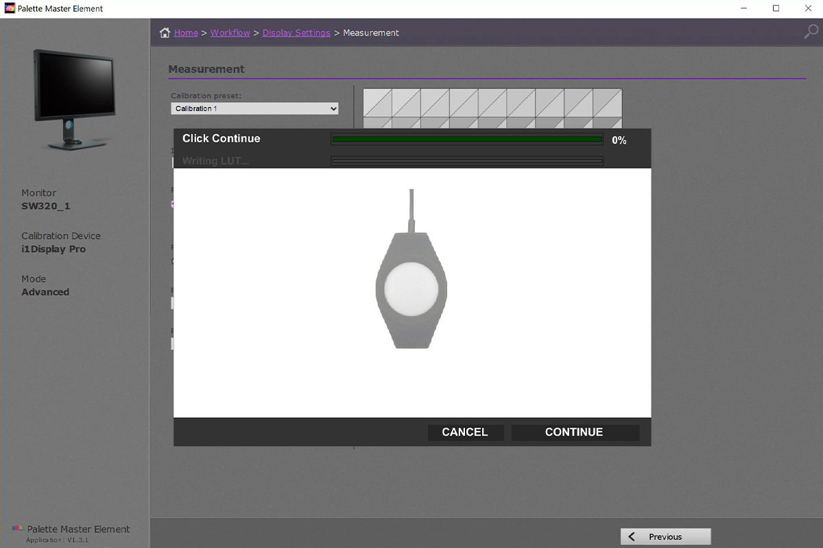 Get a screen area pop up showing where to position particular calibration hardware