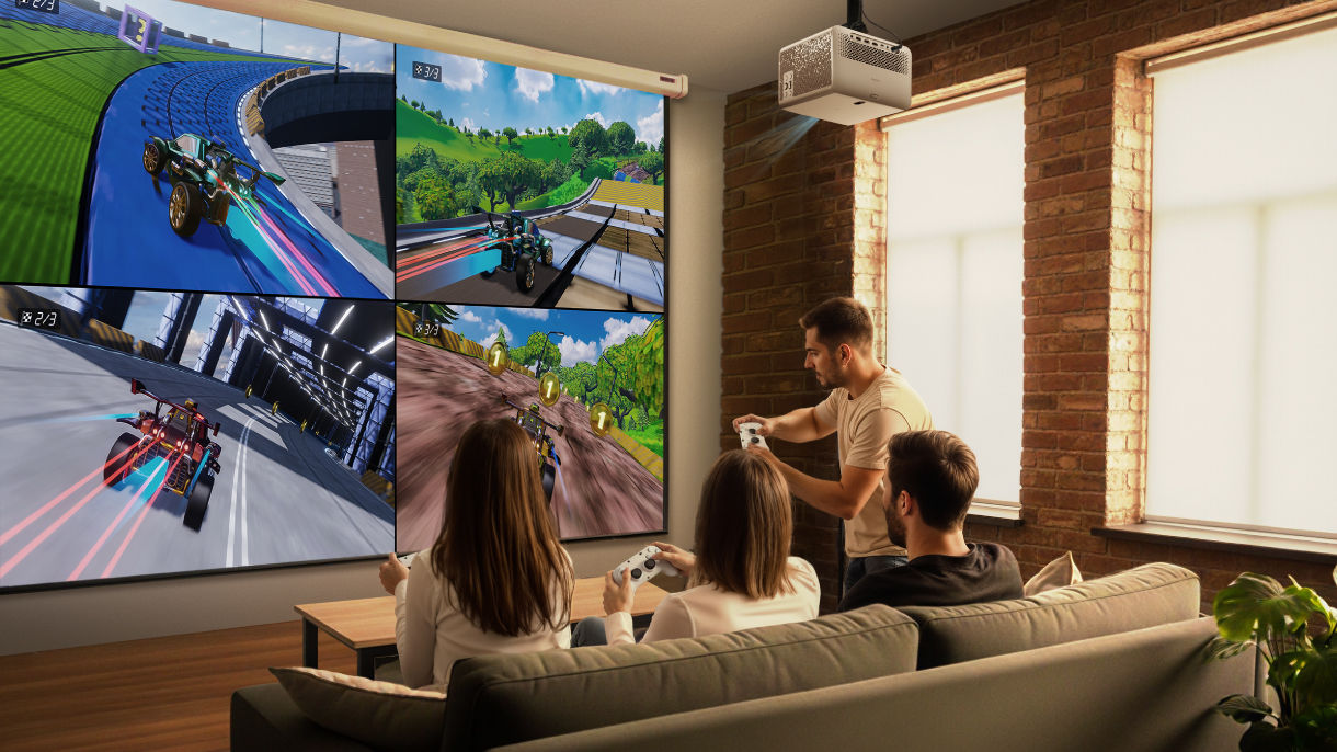A minimalist modern living room with a ceiling-mounted BenQ TK705i projector, creating an unobstructed and permanent home cinema experience.