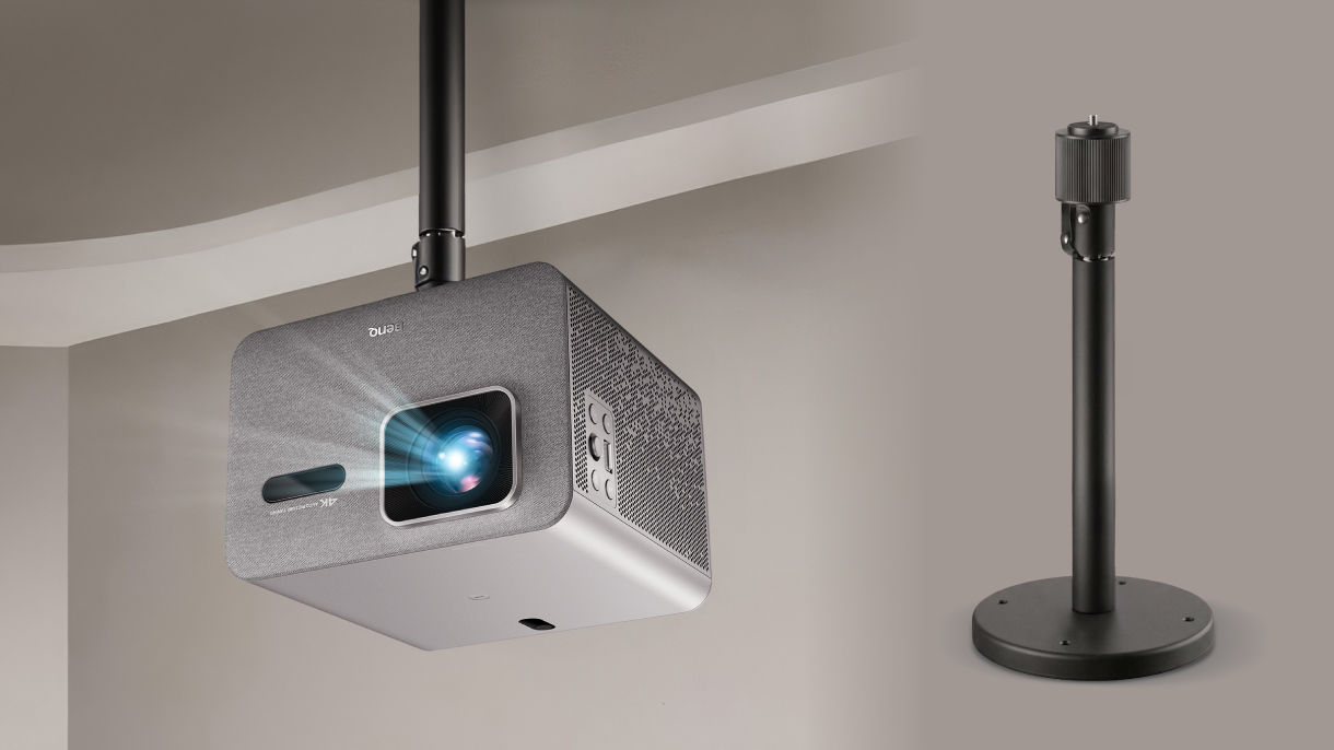 BenQ TK705i projector installed with a single-point 1/4 inch ceiling mount, demonstrating lightweight setup flexibility.
