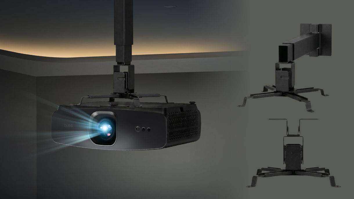 Professional home theater setup featuring BenQ W2720i projector secured with a universal multi-claw ceiling bracket for maximum stability.