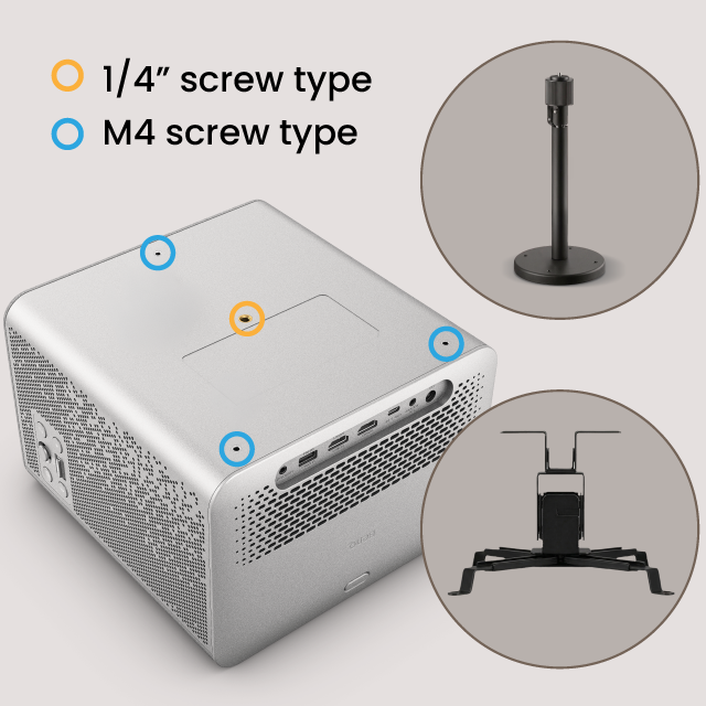 Bottom view of BenQ TK705i projector showing dual-spec screw holes, supporting both 1/4 inch single-point and M4 multi-point universal mounts.