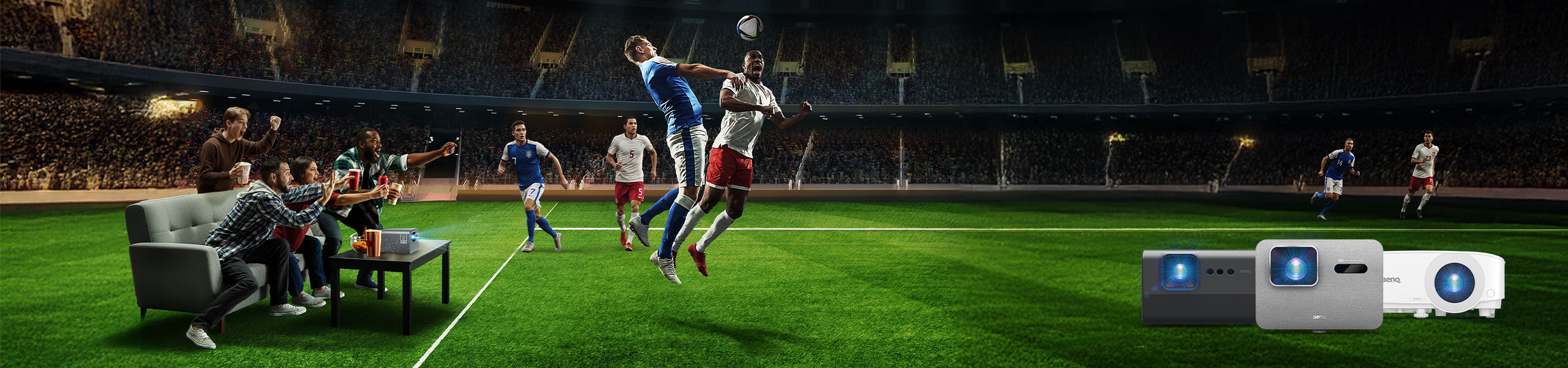 BenQ 4K home projector displaying a world football match on a large screen for an immersive stadium-like living room experience during the 2026 tournament.