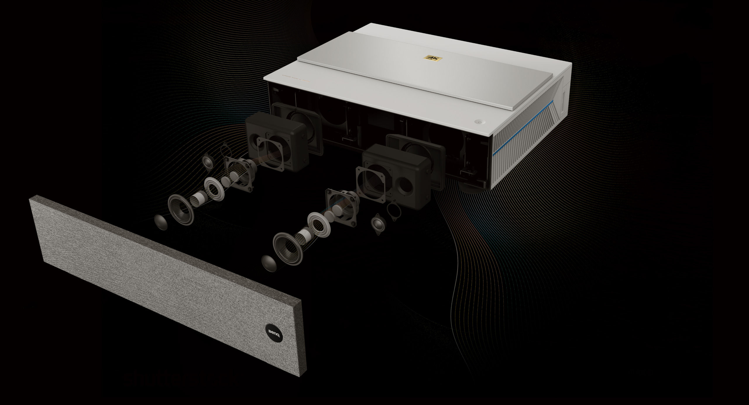 benq 雷射電視 v6000 採用treVolo團隊開發的音響技術，運用了物理聲學與心理聲學的概念，打造出2顆立體聲喇叭，創造出令人超乎想像的聽覺體驗！​