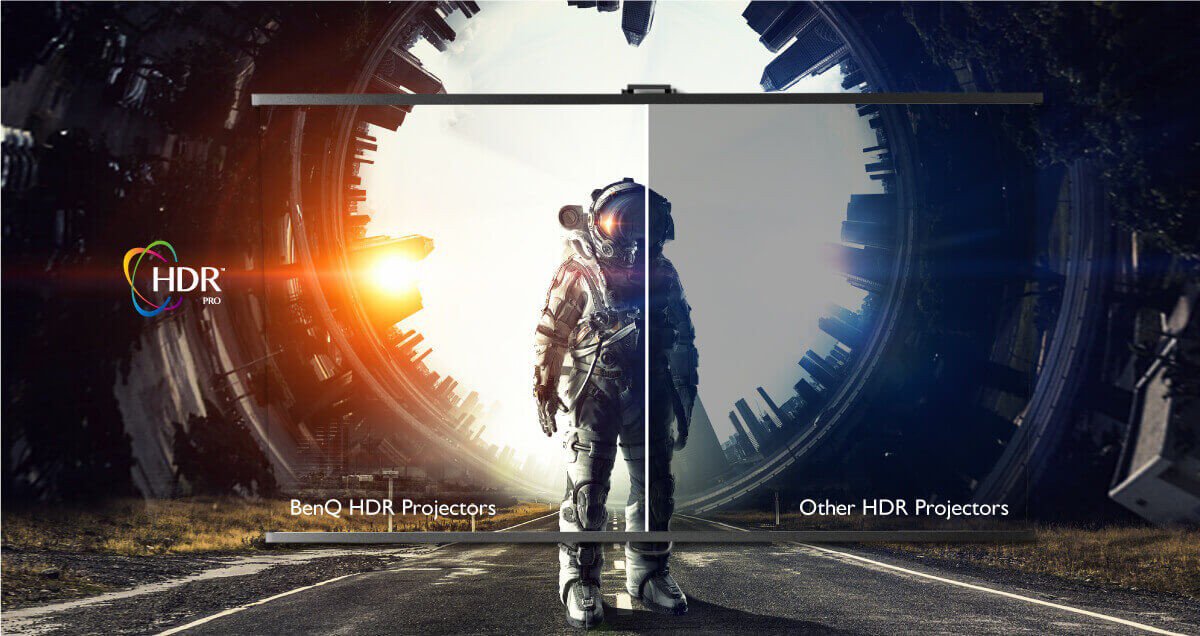 A comparison between BenQ HDR-PRO projector and others in terms of brightness and contrast of the projected image.