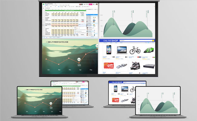 Condividi contenuti o collabora da quattro finestre su uno schermo grande tramite le tecnologie di proiezione dello schermo wireless Miracast, Airplay, Google Cast e BenQ InstaShare, senza app aggiuntive o dongle Wi-Fi.