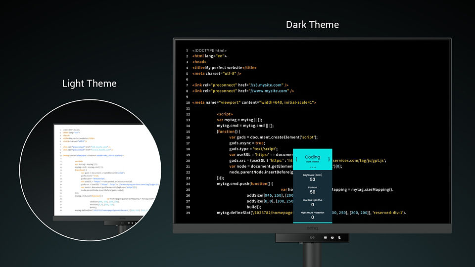 BenQ RD Series offers both dark and light themes for adaptable coding environments. Swiftly adjust brightness, sharpness, and contrast for optimal coding conditions.