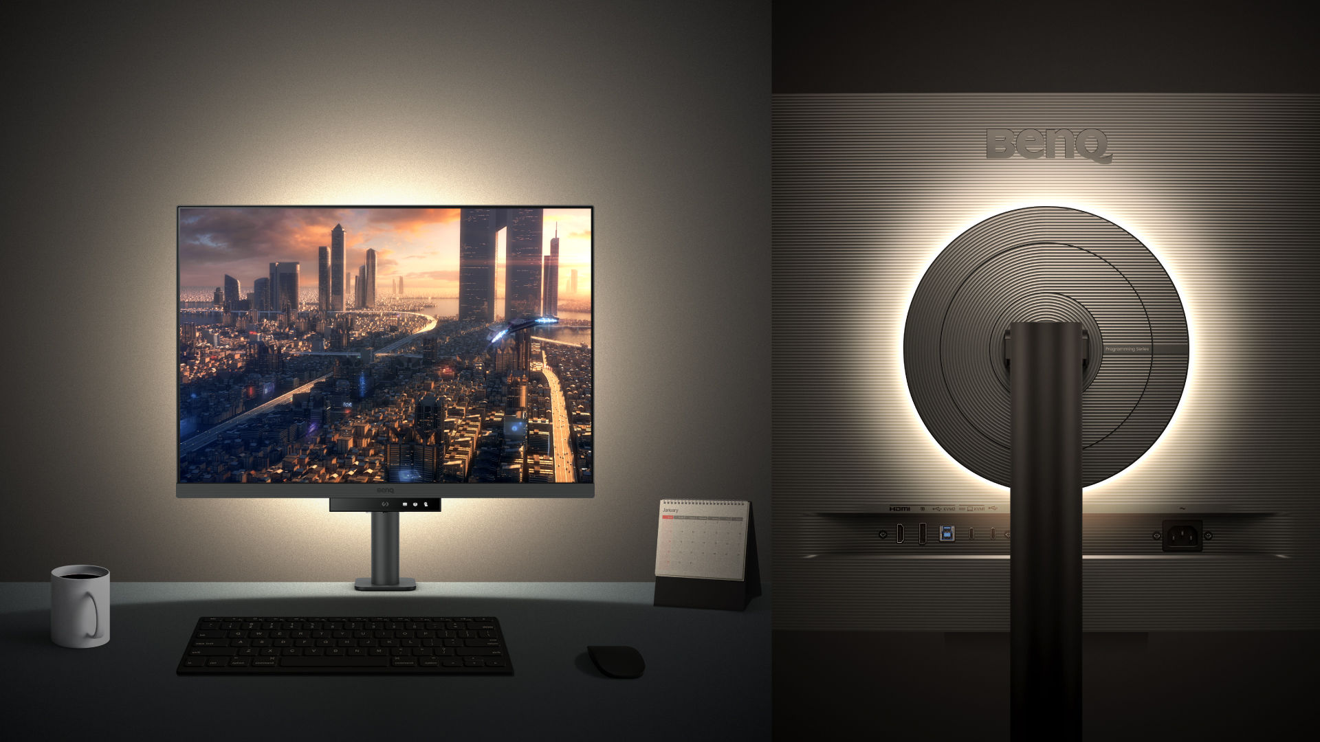 BenQ RD Series programming monitors feature exclusive MoonHalo bias lighting, designed to enhance the coding experience during late-night sessions with optimal ambient lighting conditions that support extended periods of focused work.