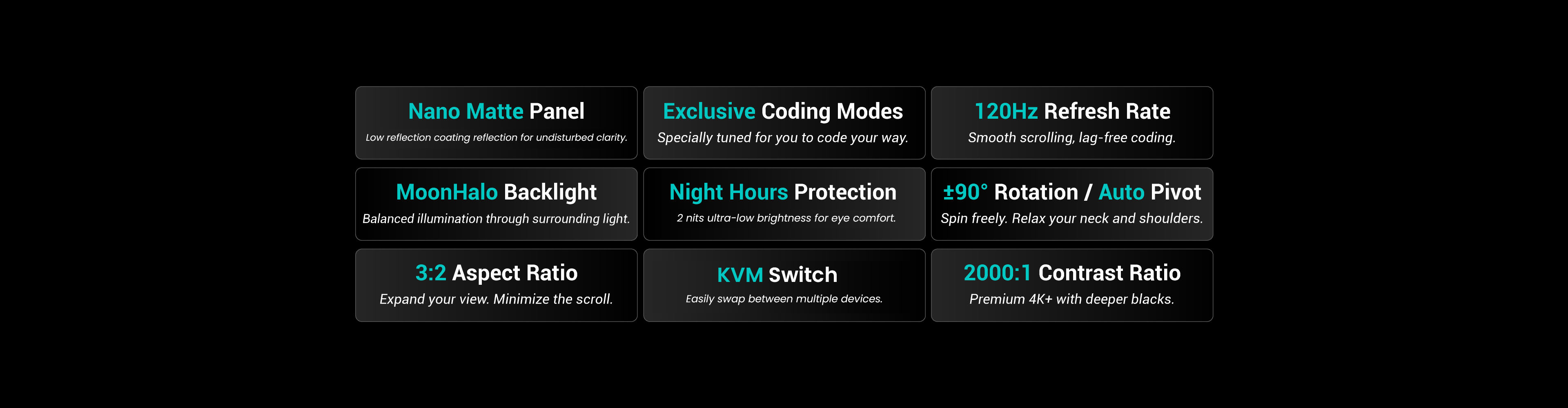 BenQ RD280UG combines a 28.2" 4K+ display, 120Hz refresh rate, 3:2 aspect ratio, Nano Matte Panel, MoonHalo backlight, exclusive Coding Modes, 2000:1 contrast ratio, ergonomic design, and Eye-Care technology to deliver effortless coding sessions.