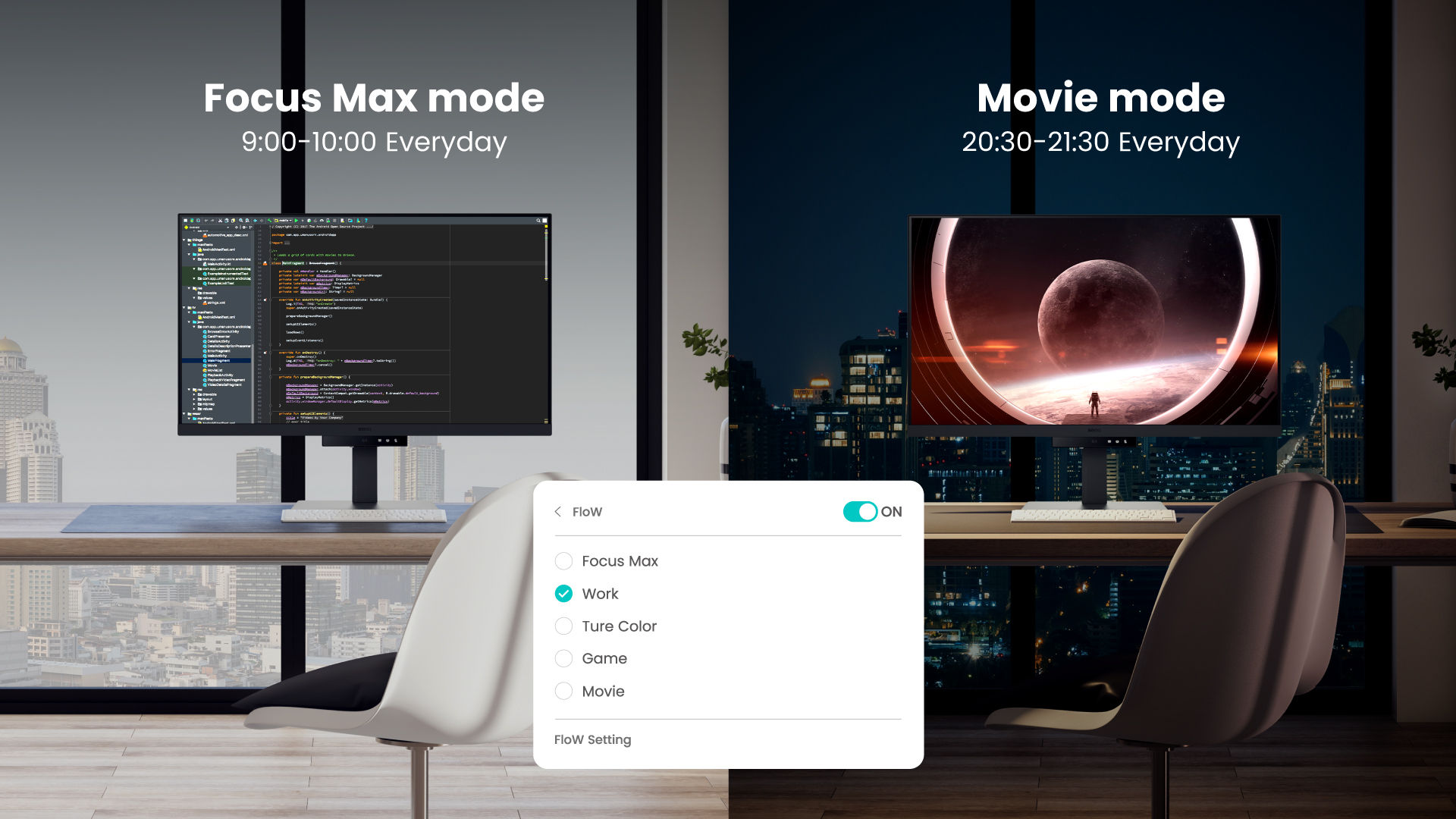 By learning your habits, BenQ RD320U’s FloW will seamlessly adapt to your needs, transitioning between different scenarios and based on preset schedules to support your busy day.