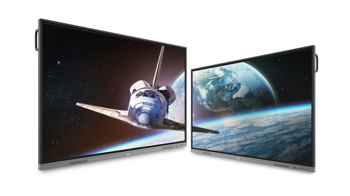 Two side-by-side BenQ Boards showing a space shuttle