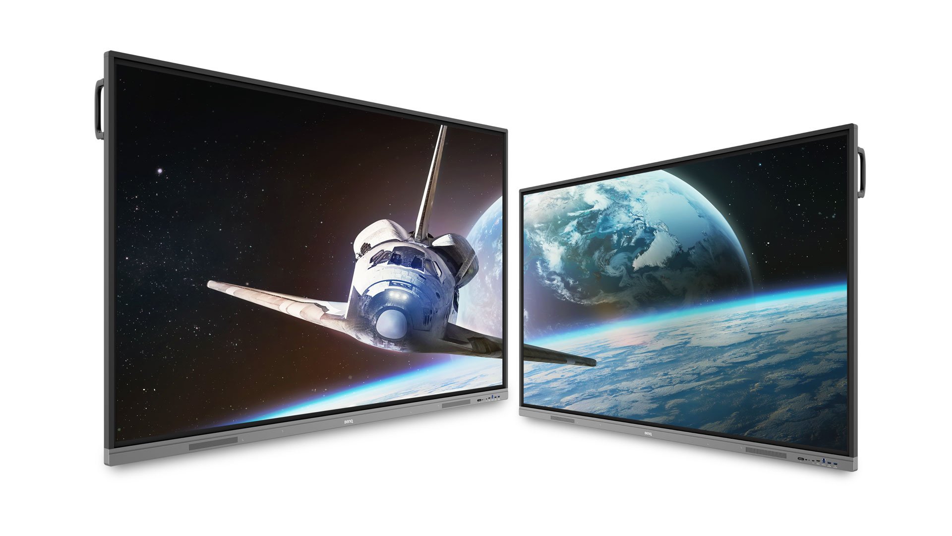 Two side-by-side BenQ Boards showing a space shuttle
