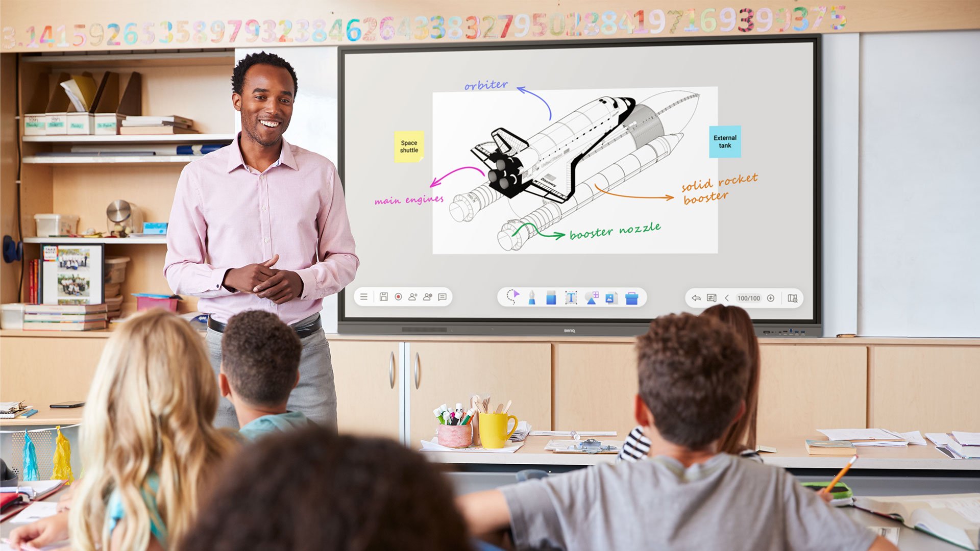 Teacher discussing space shuttles on a BenQ Board