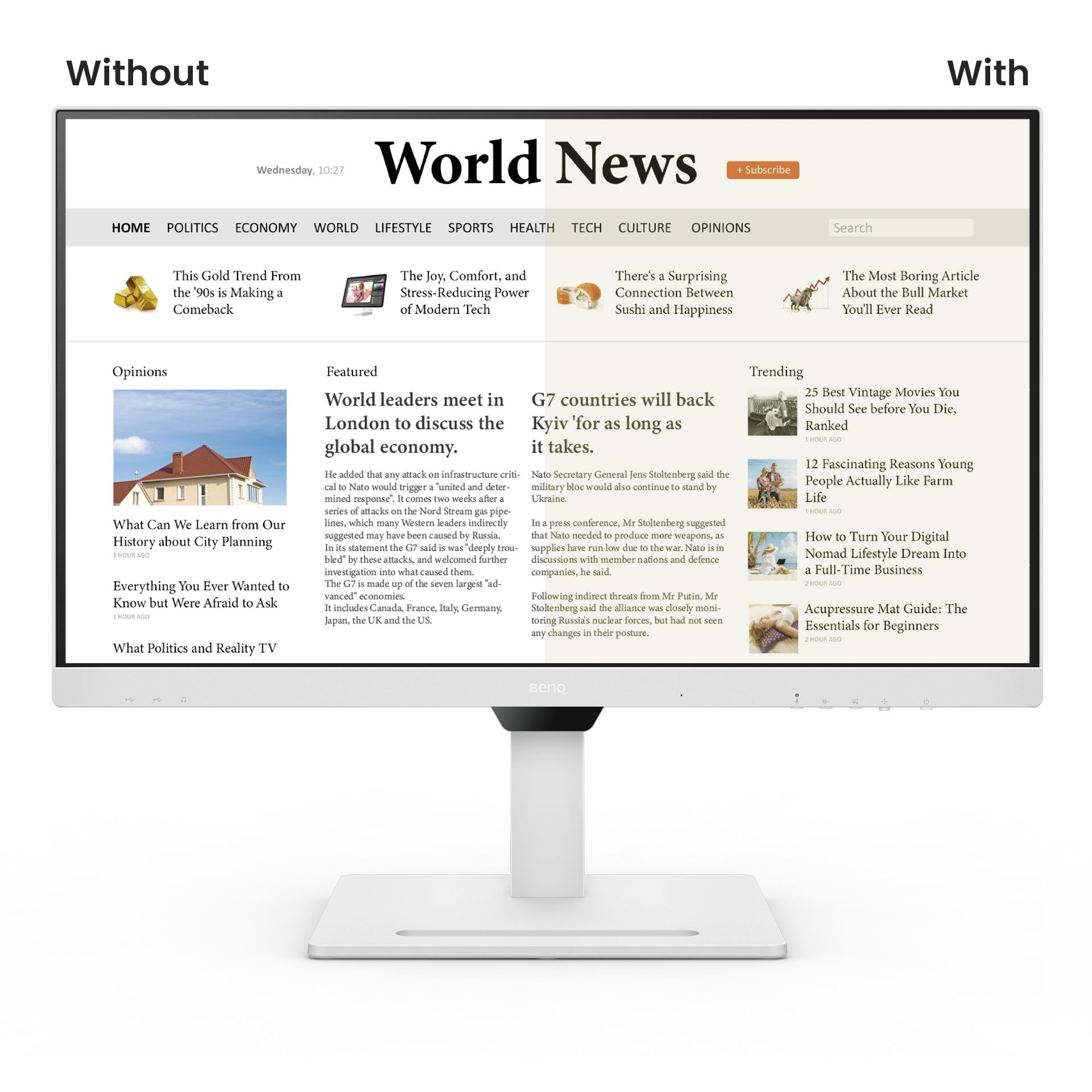 BenQ BL2790QT Reading Mode simulates brightness contrast ratio and sharpness of printing paper and filter out harmful blue light to prevent eye fatigue.