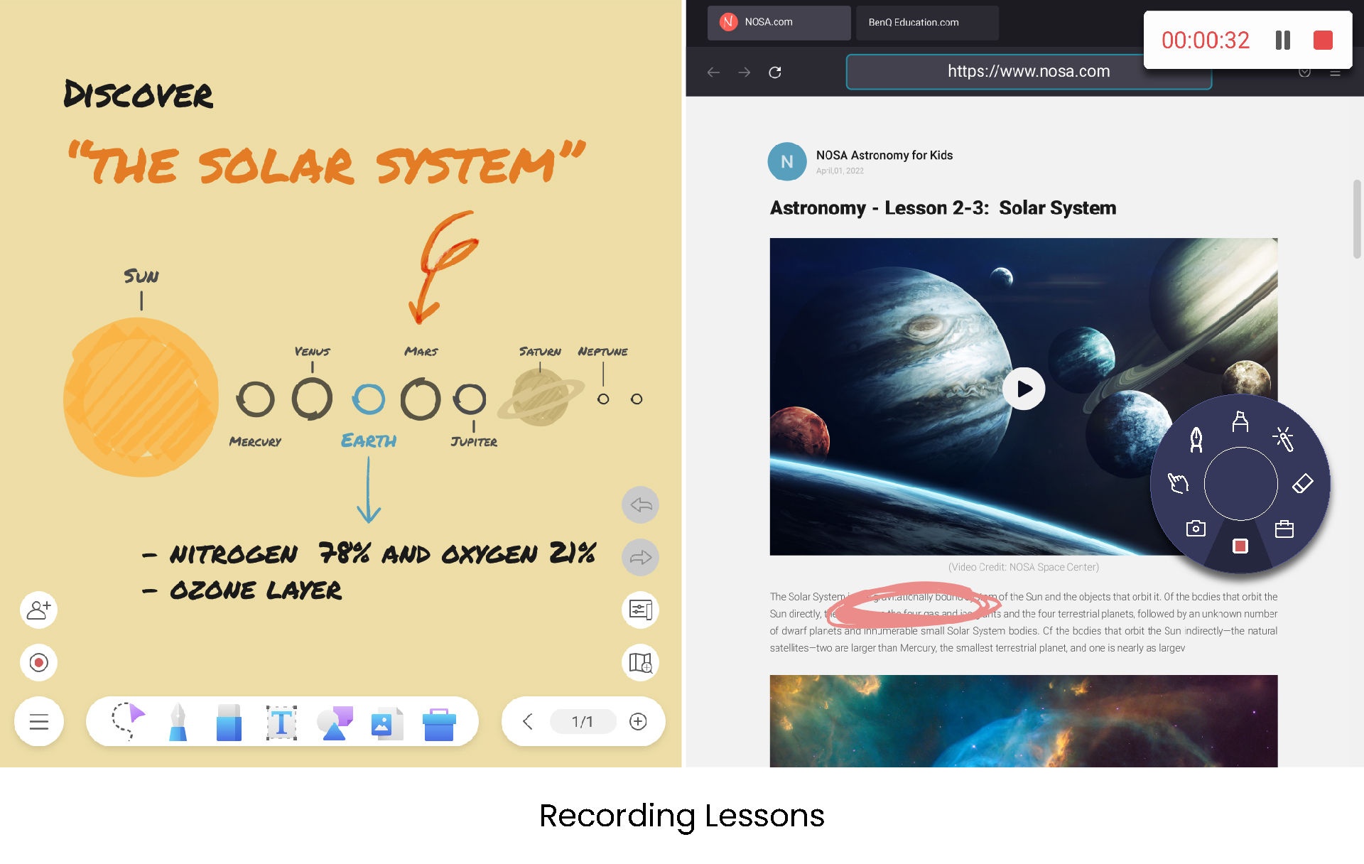 Teacher can use BenQ EZWrite 6 floating tool to record lessons on the interactive display