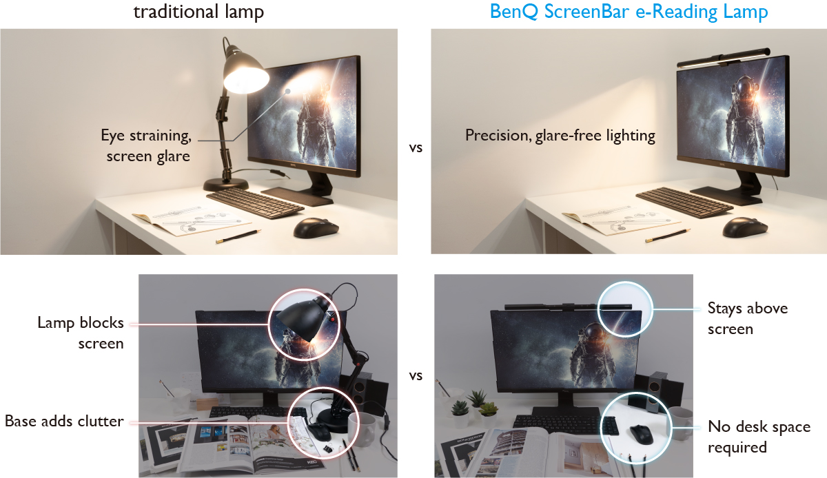 It shows the differences between the BenQ computer monitor light and the traditional lamp.