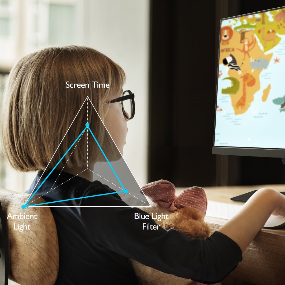 A girl with glasses is looking at the monitor. If with a low blue light monitor, it could put her eyes at ease.